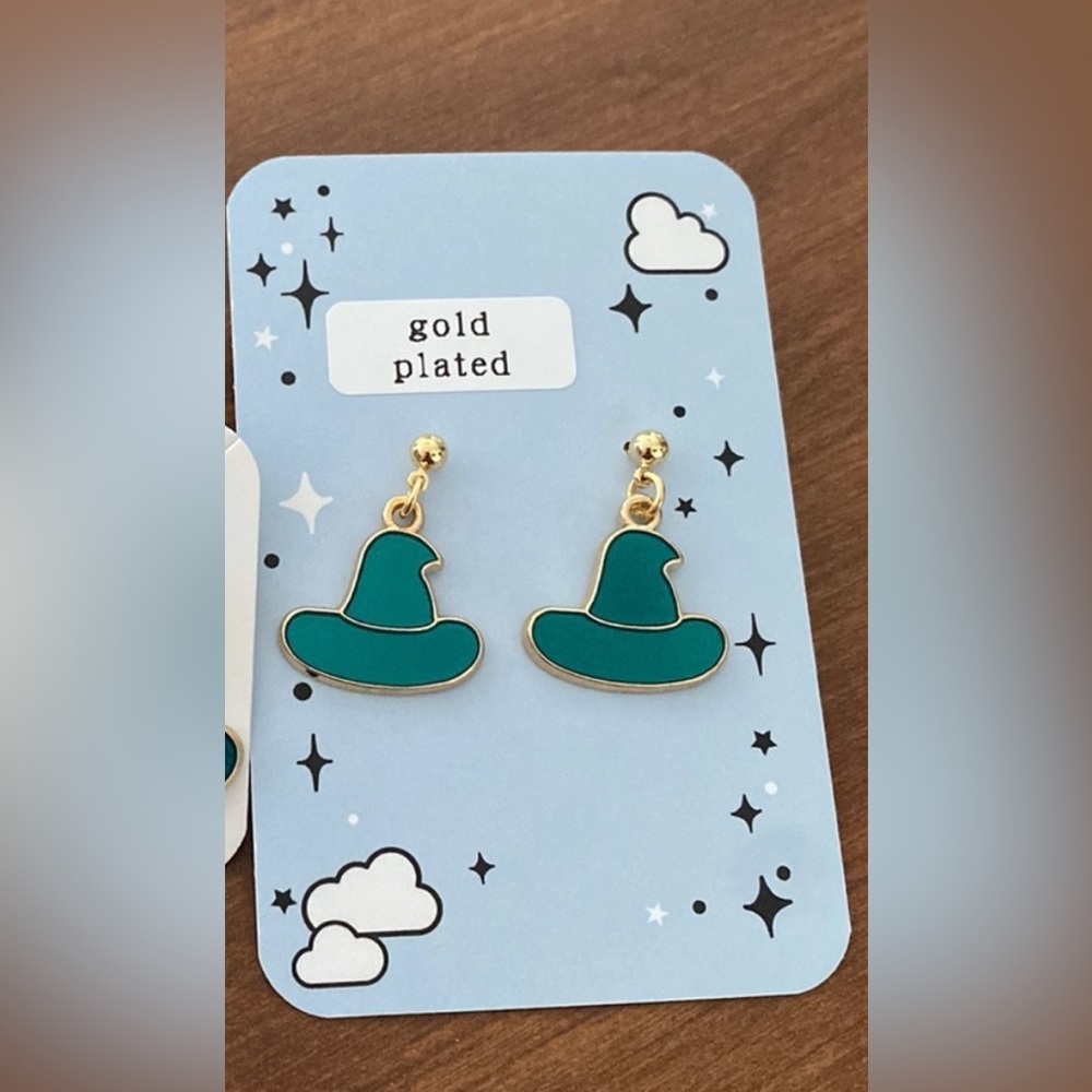 Teal Green Witch Hat Gold Plated Earrings Handmade NEW